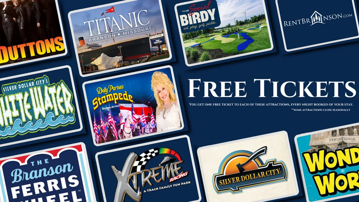 A colorful interior promotional display featuring 'Free Tickets' text, attraction logos, and a lively design evokes the excitement of exploring local entertainment options. The visuals suggest a wide array of activities, from thrilling rides to live performances, alluding to the included attraction tickets mentioned in the section content.